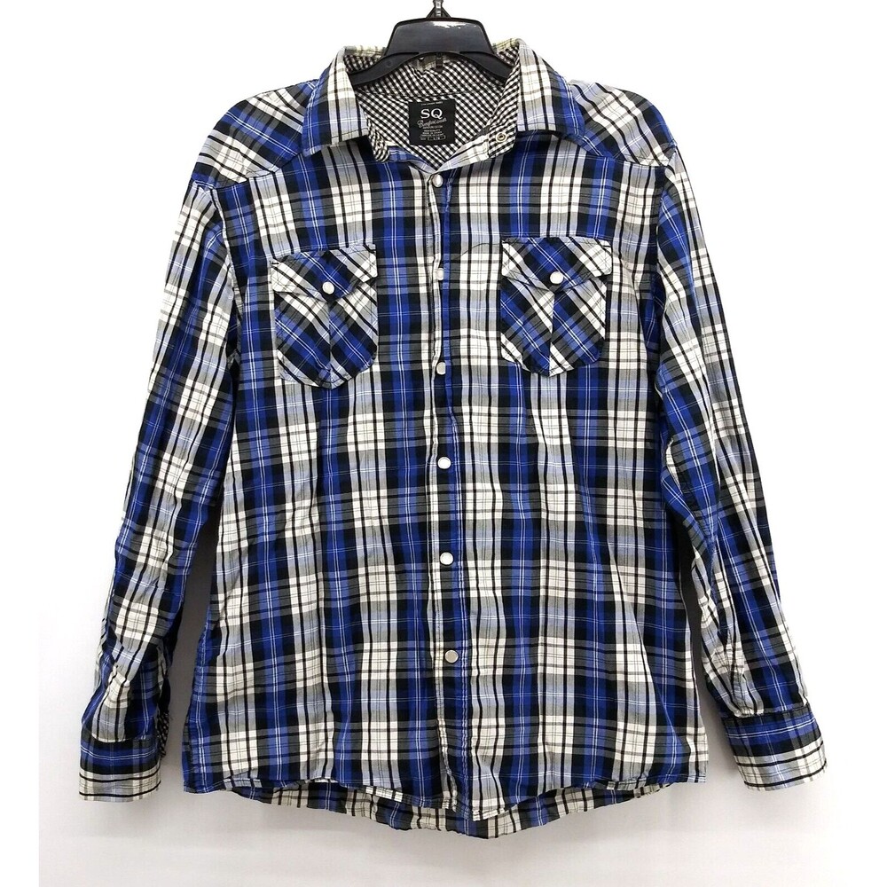 SQ Comfort Wash Pearl Snap Shirt Mens L Blue Plaid Long Sleeve Pockets